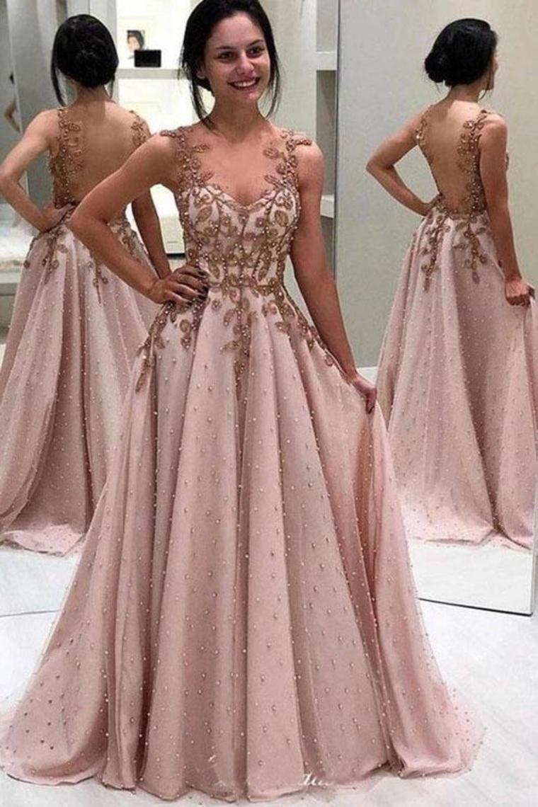 Luxury Beaded Long Prom Dresses, A-Line Popular Appliques Evening