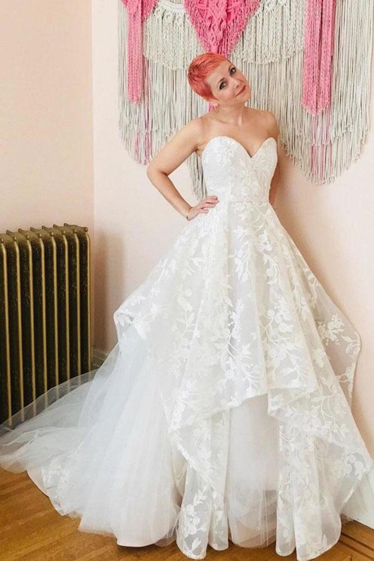 A-Line Sweetheart Sweep Train Wedding Dress With Lace
