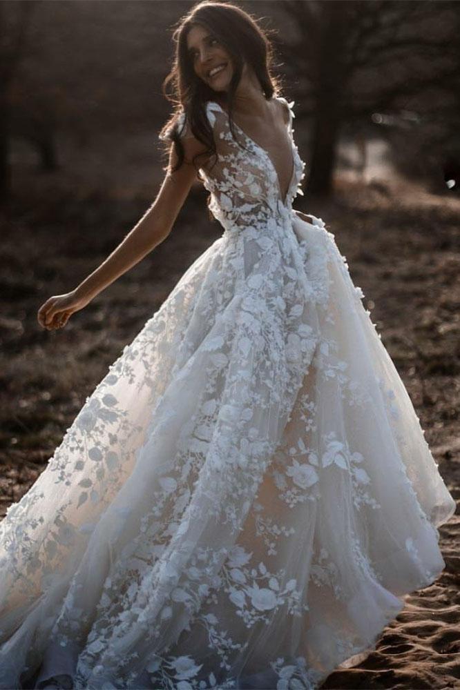A Line Ivory V Neck Country Wedding Dresses with Appliques, Beach Wedding Gowns STC15548