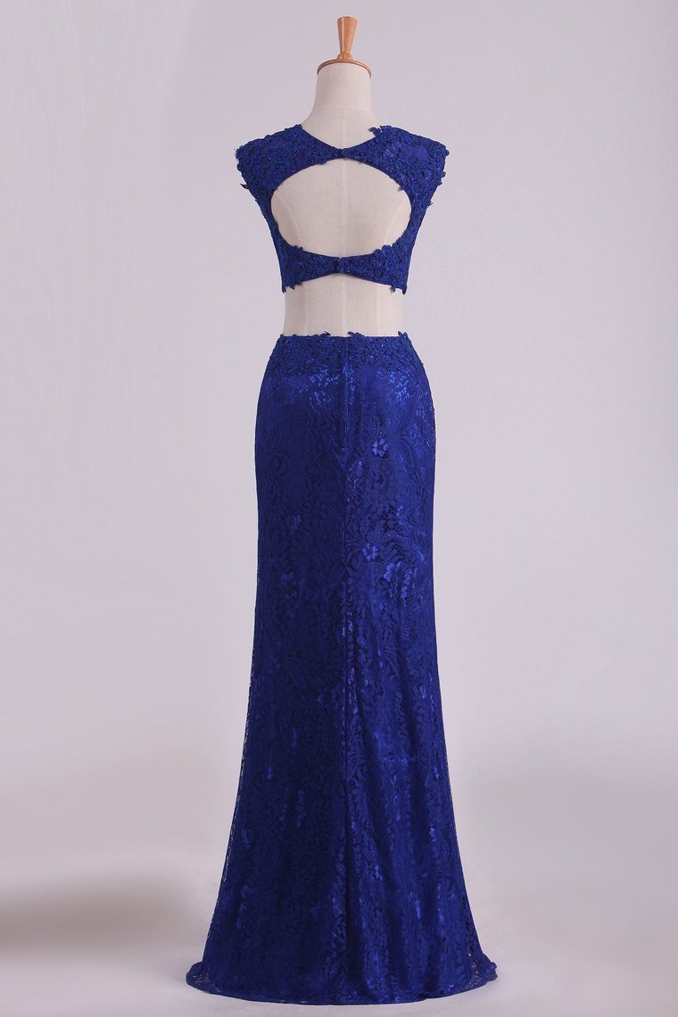 Sheath Open Back Two Pieces Prom Dresses Lace With Applique & Beading Dark Royal