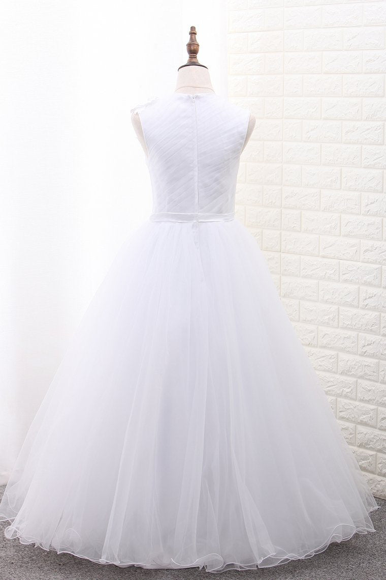 A Line Scoop Flower Girl Dresses Tulle With Handmade Flower Ankle