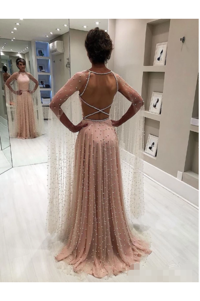 Cape Sleeve Long Prom Dresses With Pearls