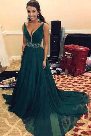 Elegant A Line Beads Green V Neck Long Chiffon Sleeveless Prom Dresses
