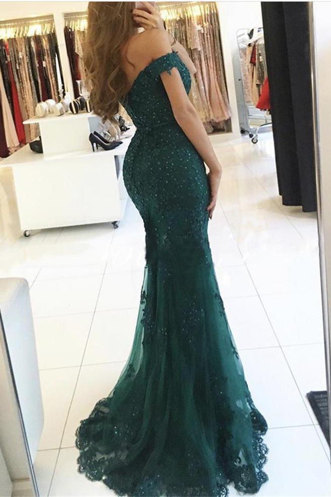 Elegant Emerald Green Off Shoulder Lace Mermaid Beads Sweetheart Prom Dresses