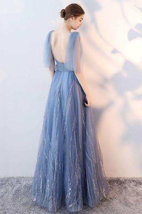 Elegant A-Line Blue Tulle V-Neck Backless Sleeveless Sweep Train Prom Dresses