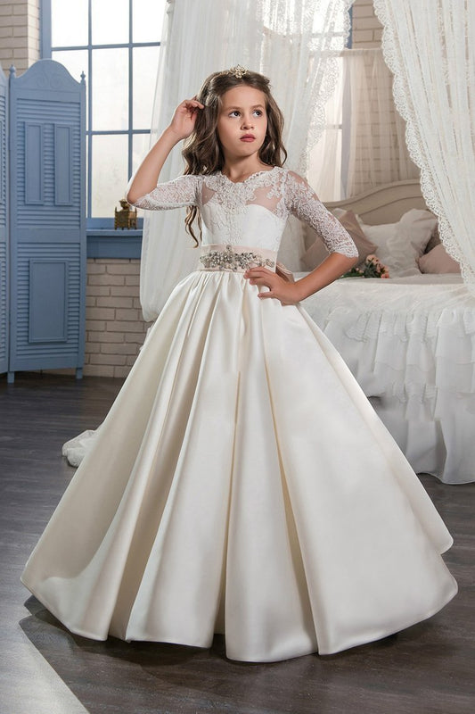2024 New Arrival Scoop With Beading&Appliques Satin Mid-Sleeves Flower Girl