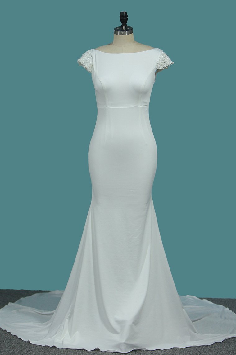 2024 Bateau Short Sleeves Wedding Dresses Open Back Spandex With