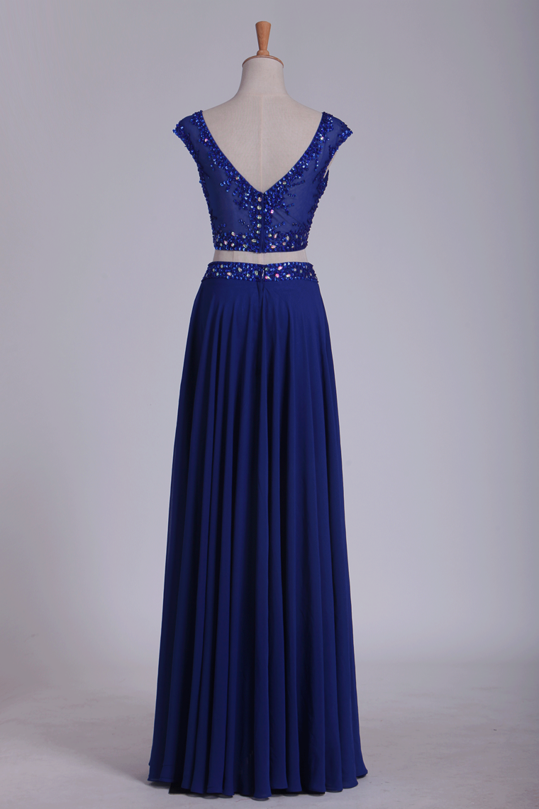 Two Pieces Scoop With Beading Prom Dresses A Line Floor Length Dark Royal