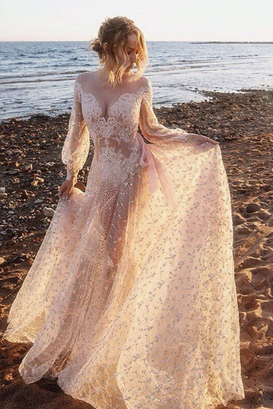 2024 Scoop Long Sleeves Lace Prom Dresses A Line