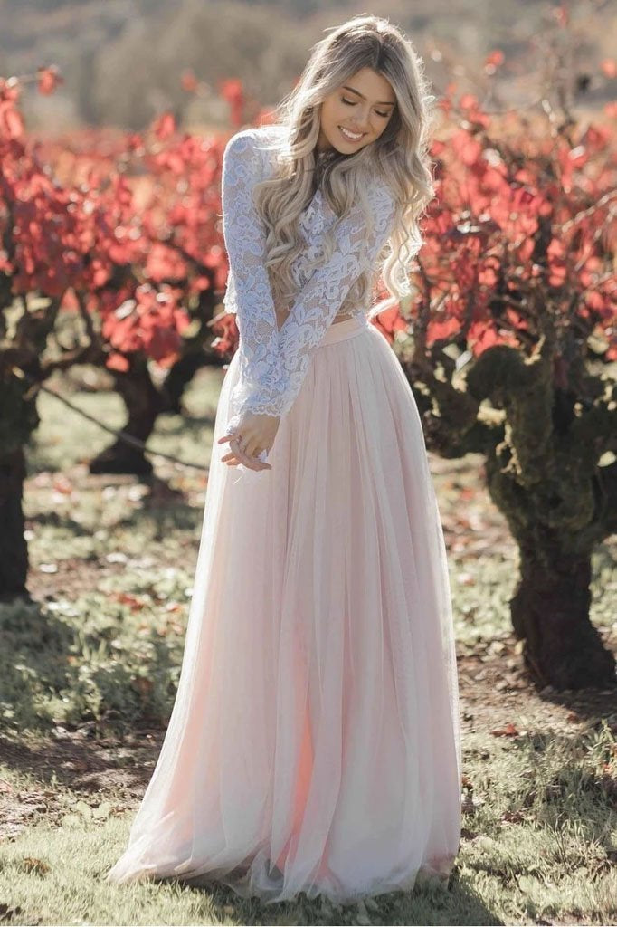 Two Pieces Long Sleeves Lace Appliques Blush Pink Wedding Dresses, Beach Wedding Dress STC15538