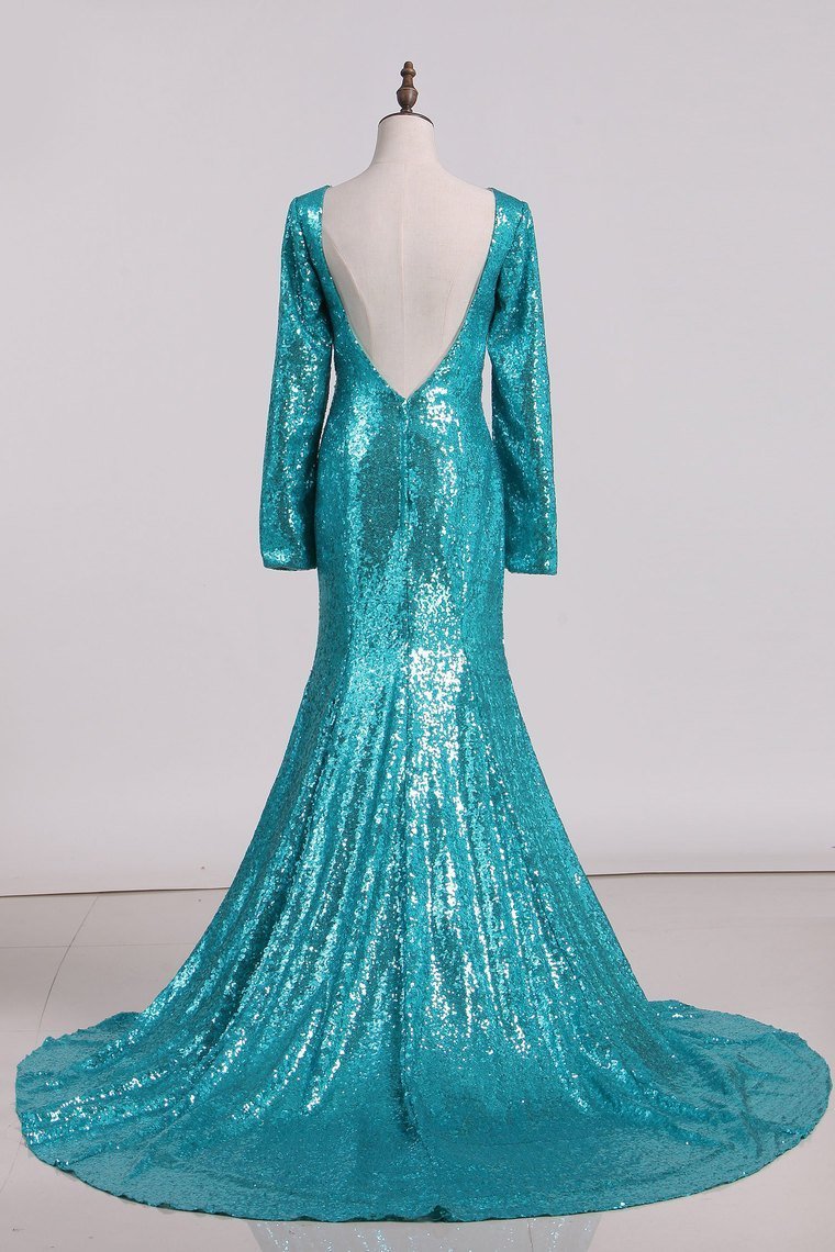 Sexy Open Back Long Sleeve Prom Dresses Sequins Mermaid Sweep