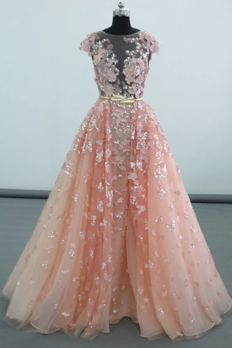 See Through Cap Sleeves Floor Length Tulle Prom Dress With Appliques