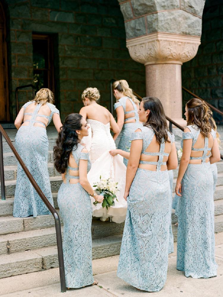 Mermaid Lace Baby Blue V Neck Bridesmaid Dresses for Wedding STC20425