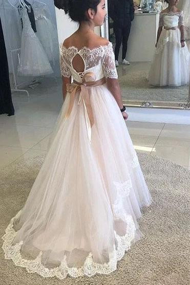 A Line Off the Shoulder Half Sleeve Flower Girl Dresses with Lace up, Wedding Party Dresses STC15550