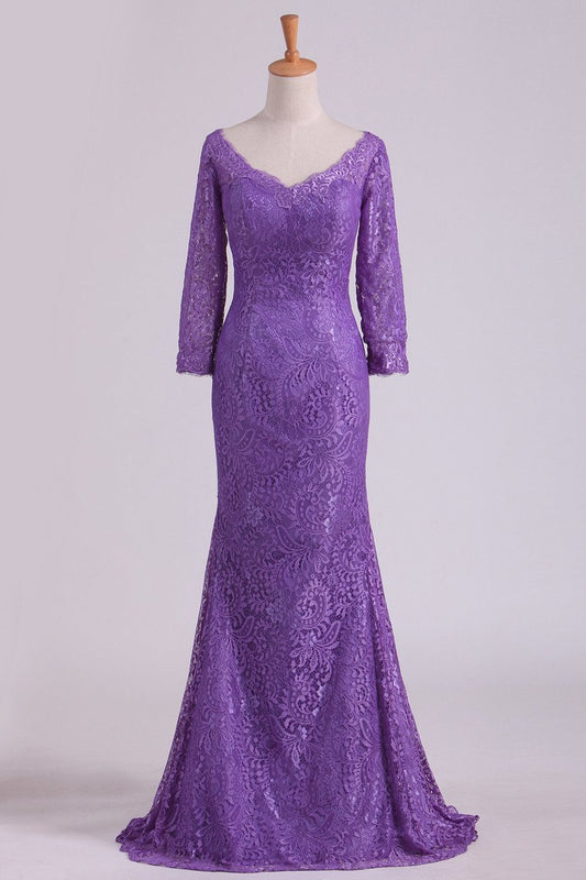 Purple Mother Of The Bride Dresses V Neck 3/4 Length Sleeve Mermaid Lace Floor
