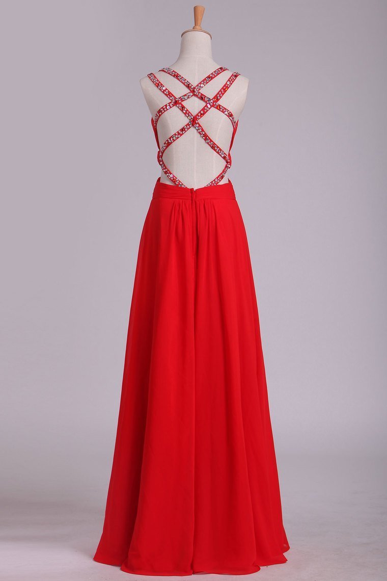 2024 Red A Line Prom Dresses Spaghetti Straps Open Back With Ruffles And Beads