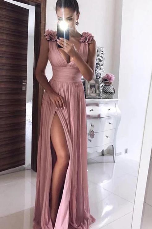 A Line Pink Chiffon V neck Prom Dresses with Split, Long Formal Dress With Handmade Flower STC15010