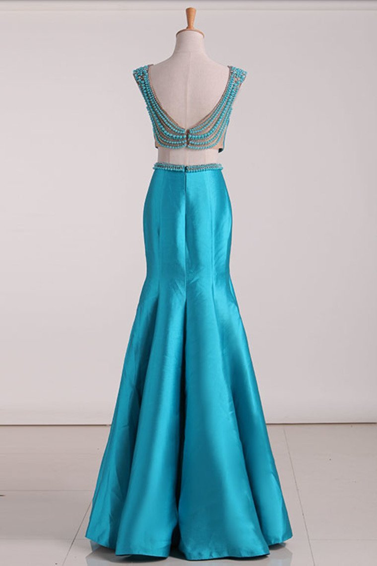 Two Pieces Prom Dresses Satin With Beading Sweep