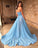 Sexy A line See Through Strapless Slit Backless Blue Prom Dresses with Appliques STC15593