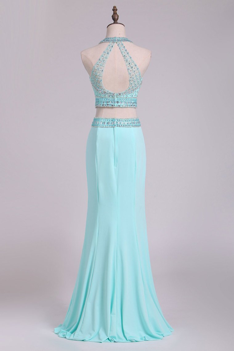 Two-Piece Halter Beaded Bodice Open Back Prom Dresses Spandex