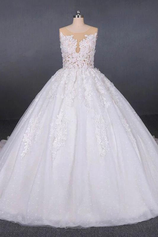 Princess Ball Gown Sheer Neck White Wedding Dresses Lace Appliqued Bridal Dresses STC15293