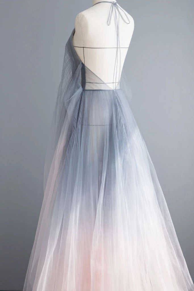 Simple Deep V Neck Ombre Tulle Halter Sleeveless Prom Dresses Backless Formal Dresses STC15391