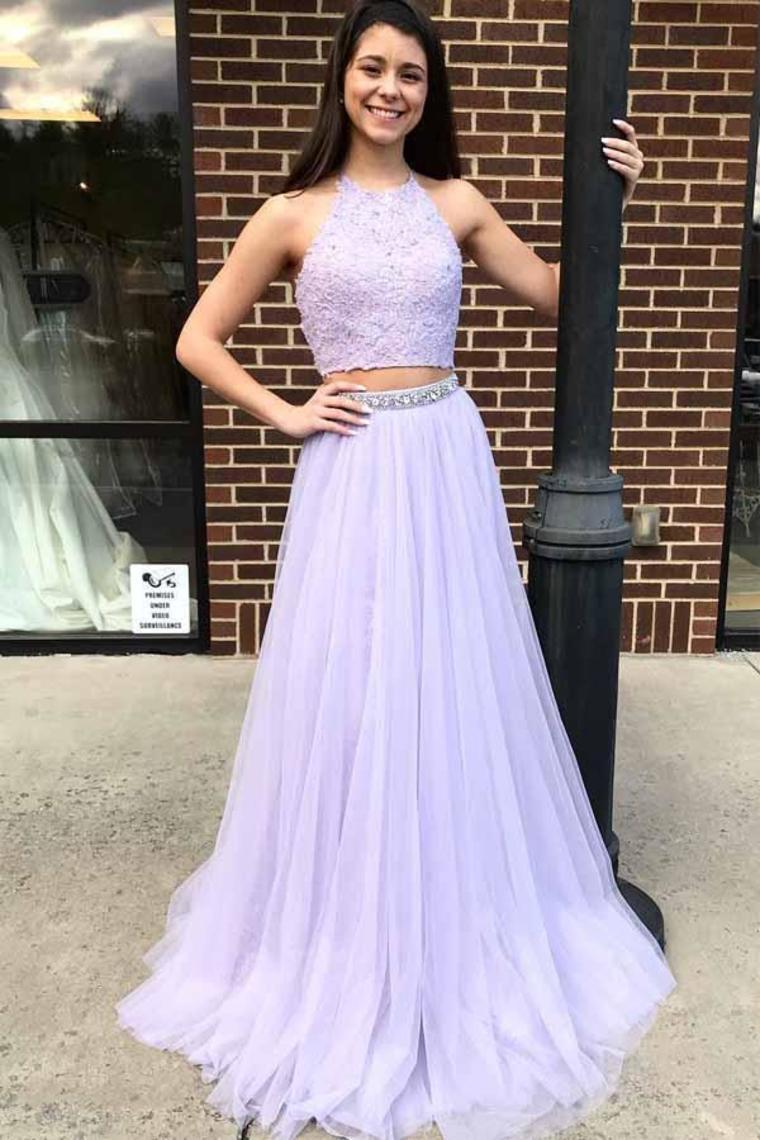 Charming 2 Pieces Long Halter Open Back Flowy Violet Tulle Beading Prom