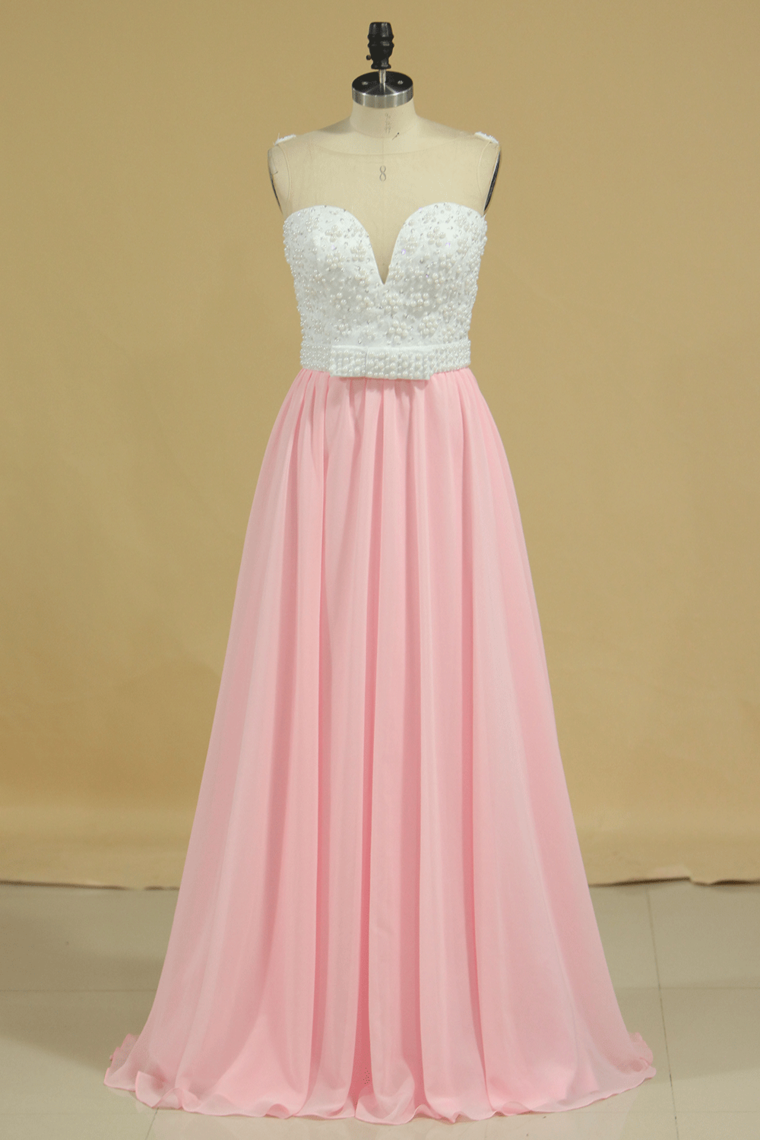 New Arrival Prom Dresses Scoop A Line Chiffon With Beading Sweep Train
