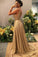 Charming Gold Sequins V Neck A Line Backless Prom Dresses, Formal STC20399