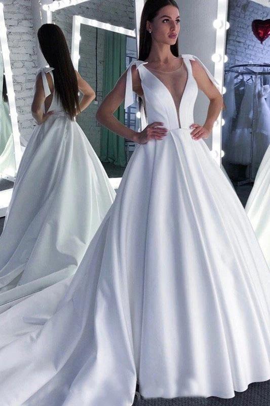 A Line Round Neck White Prom Dresses Bowknot Satin Wedding Dresses STC15022