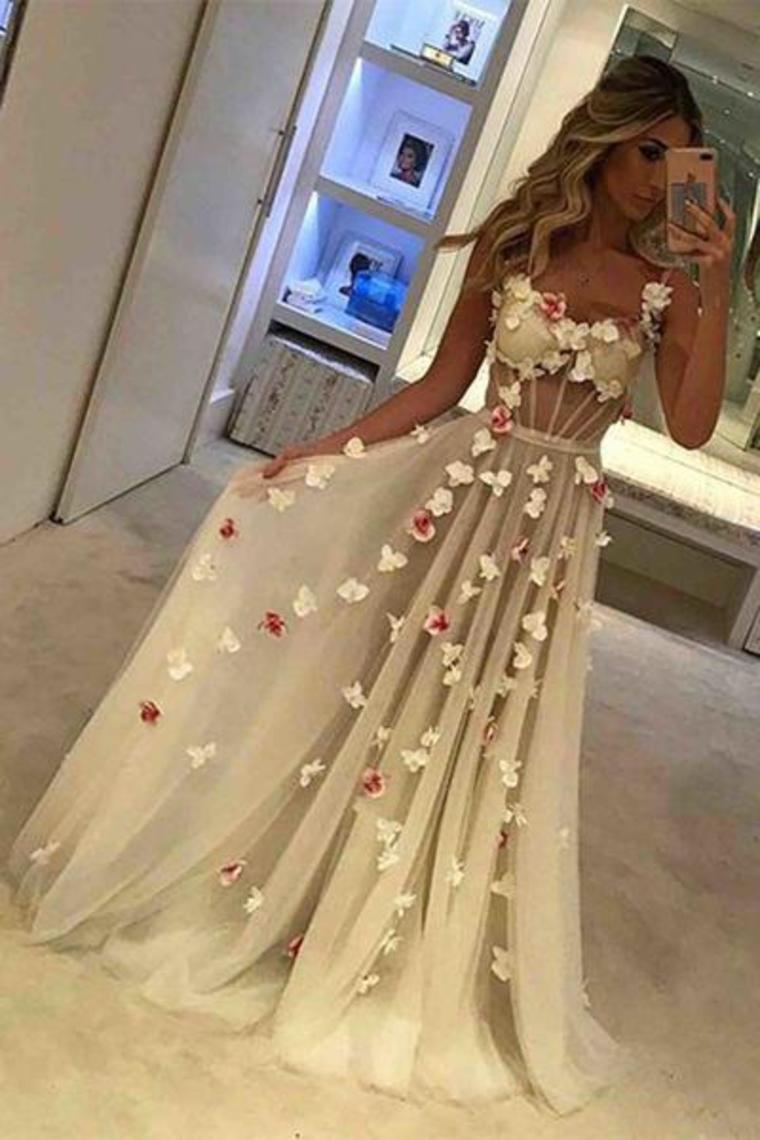 Spaghetti Straps See Through Long A-Line Ivory Prom Dresses With