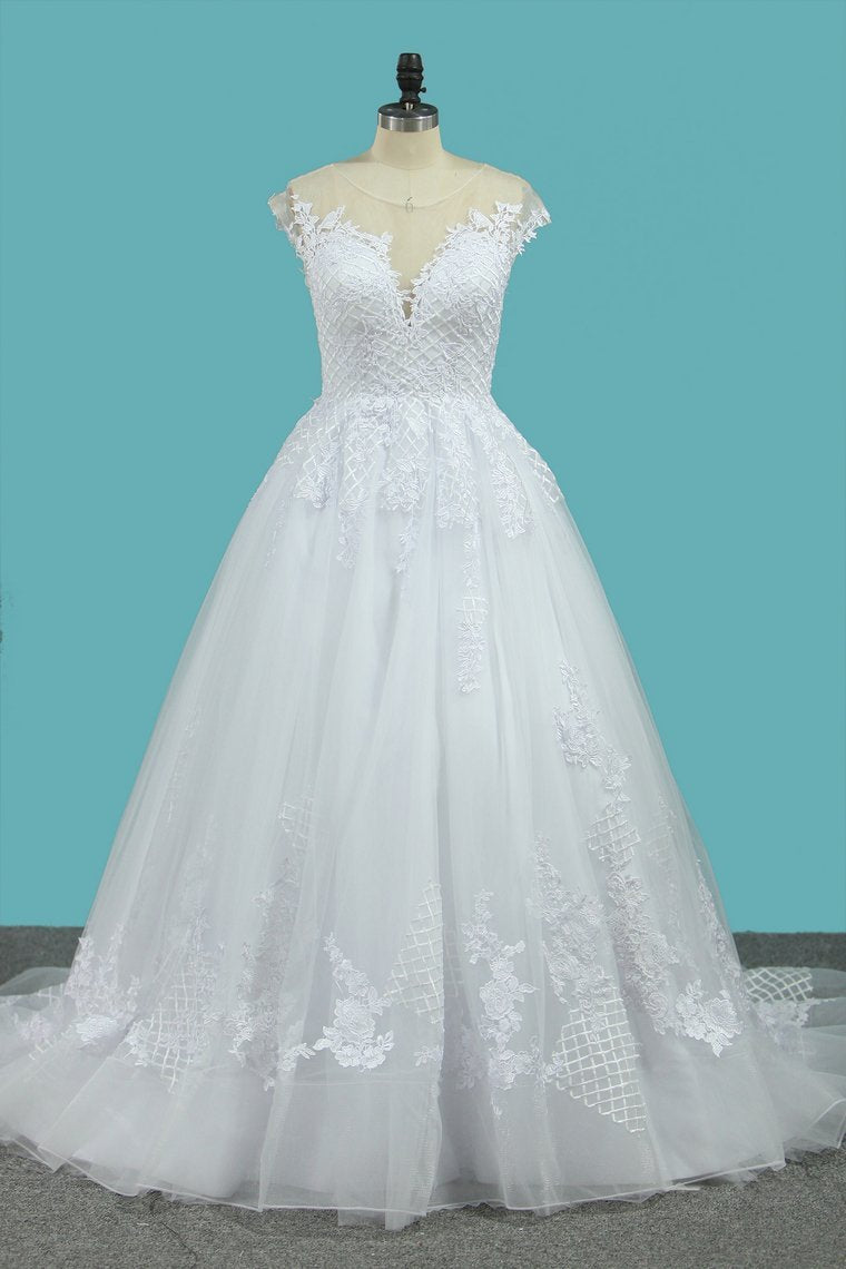 2024 A Line Tulle Wedding Dresses Scoop Cap Sleeves With Applique Court