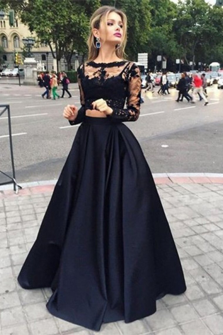 2024 Black Ball Gown Long Sleeves Bateau Satin Floor-Length