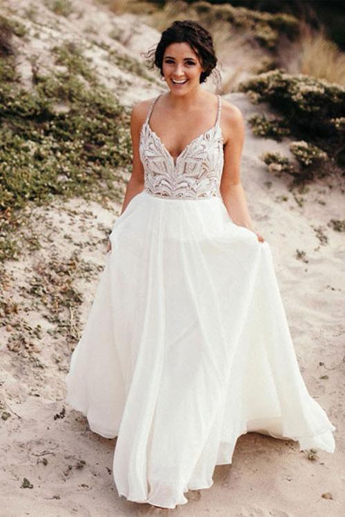 Elegant Spaghetti Straps V Neck Chiffon Backless Beach Wedding Dresses Bridal Gowns STC14976