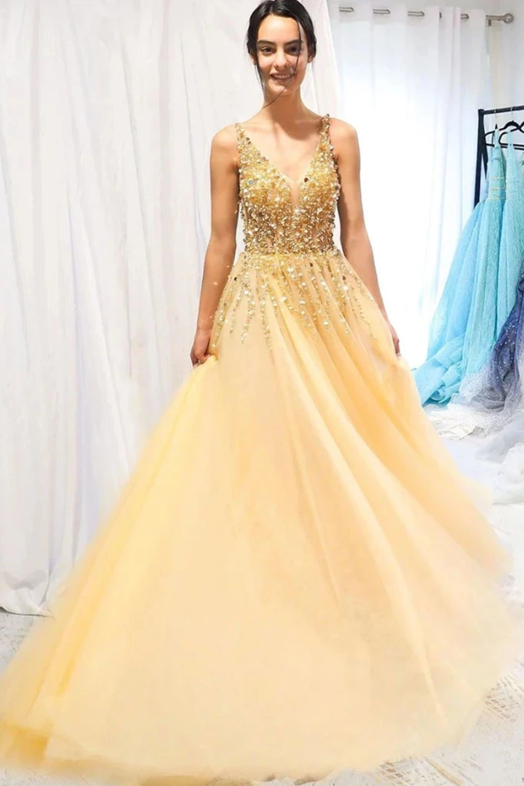 A Line Floor Length Tulle Prom Dress With Sequins Cheap V Neck Long Formal STCP1NJG7JC