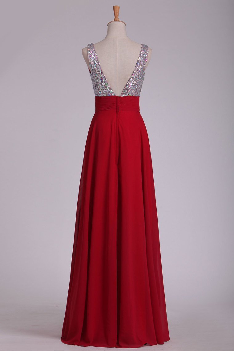 Prom Dresses V Neck Chiffon With Beading A Line Sweep