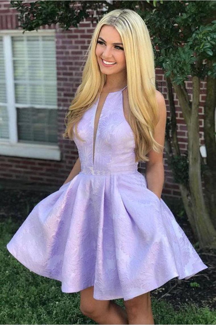 A-Line Above-Knee Lilac Satin Printed Homecoming Dress With