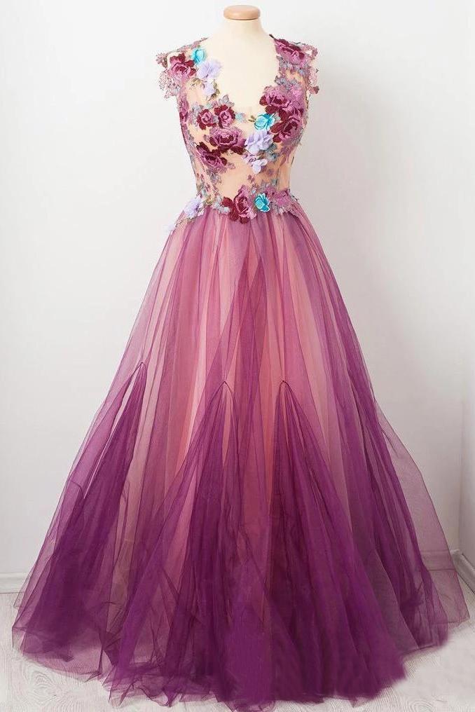 Elegant A line Burgundy Tulle Flower Prom Dresses Scoop Appliqued Party Dresses STC15144