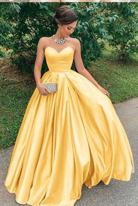 A Line Yellow Satin Prom Dresses, Strapless Sweetheart Sleeveless Party Dresses STC15046