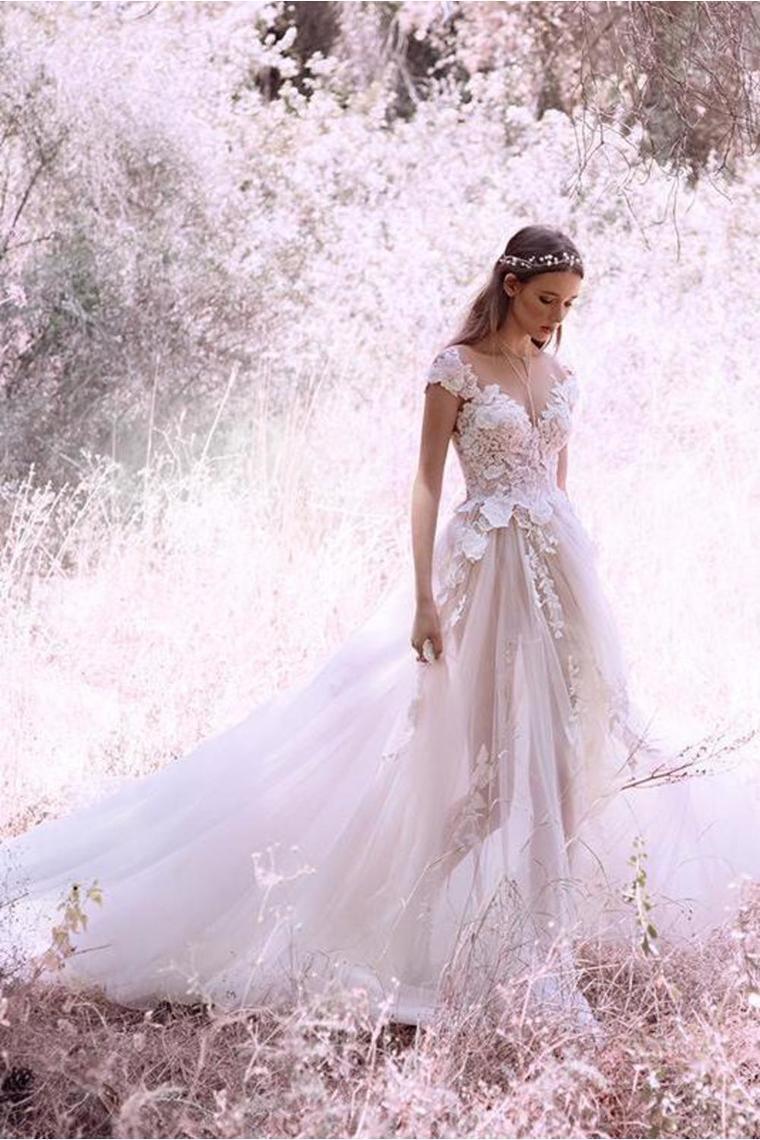 Princess Ivory Cap Sleeve Tulle Long Cheap Wedding