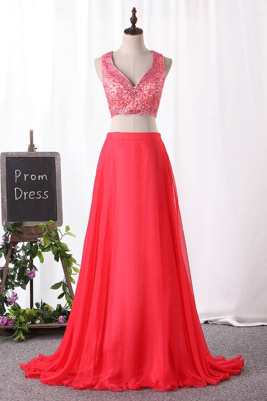 Two Pieces Prom Dresses Chiffon V Neck A Line With Beads And