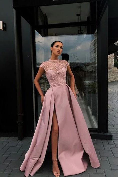 Charming High Neck Beading Satin Pink Cap Sleeves Prom Dresses with Split, Dance Dresses STC15100