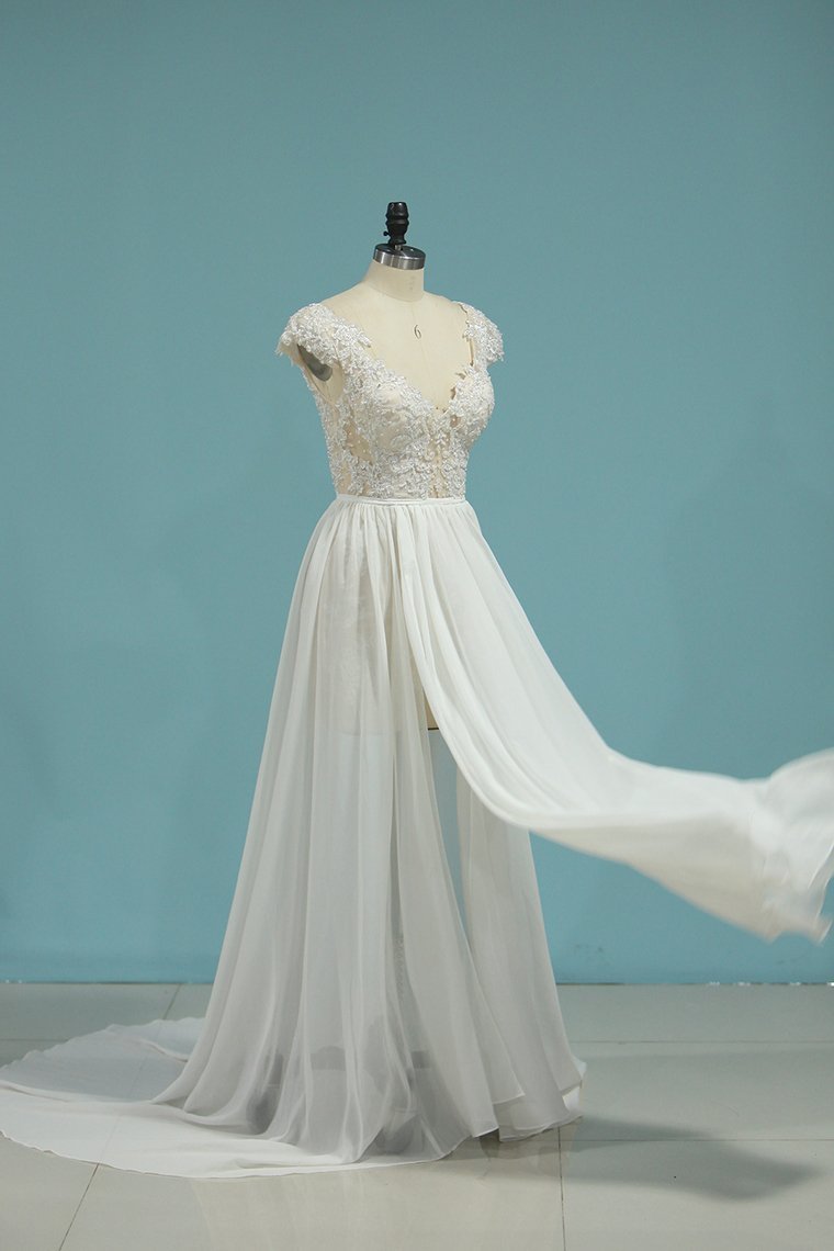2024 Beach Wedding Dresses A-Line V-Neck Chiffon Full Beaded
