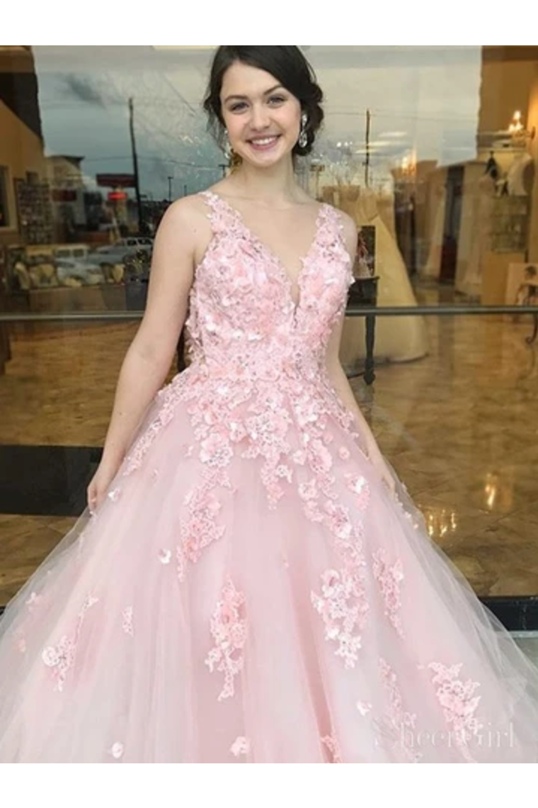 Elegant Ball Gown Prom Dresses With Appliques V Neck Floor
