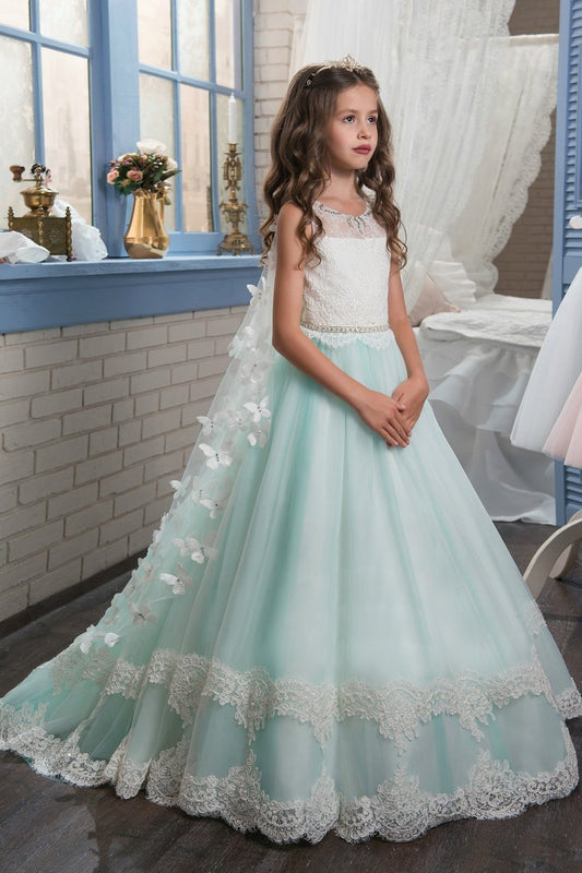 2024 A Line Tulle With Applique Flower Girl Dresses Scoop Sweep