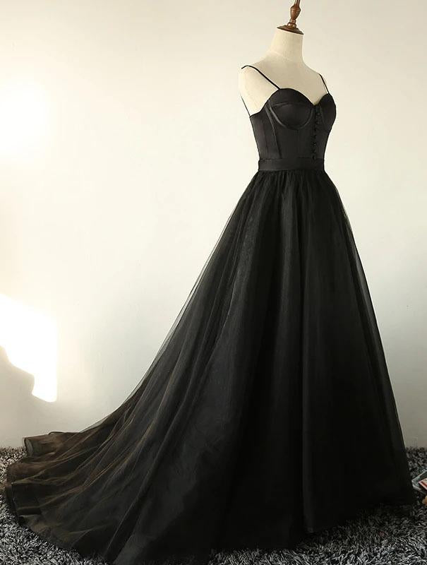 Charming Black Spaghetti Straps Sweetheart Tulle Evening Dresses, Formal STC15626