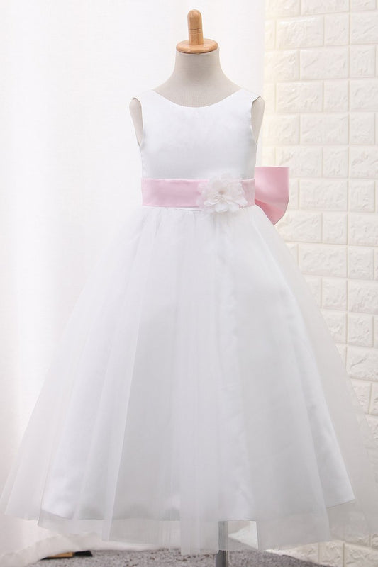 Hot Selling Tulle Scoop Flower Girl Dresses Ball Gown Ankle