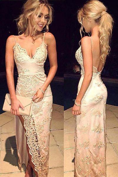 Gorgeous Spaghetti Straps V-Neck Backless Sleeveless Prom Dresses Lace with Front Split