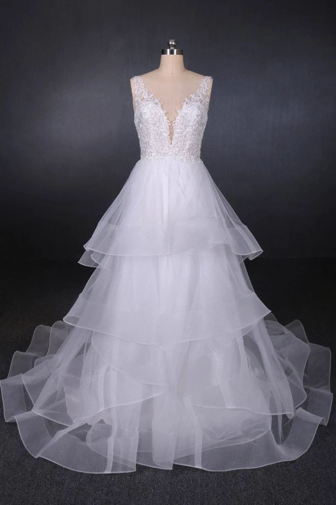 Elegant V-neck Tulle Open Back Wedding Dresses, Asymmetrical Long Bridal Dresses STC15217