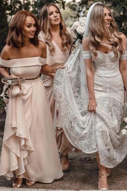 A Line Off the Shoulder Chiffon Cheap Two Pieces Backless Bridesmaid Dresses STC15492
